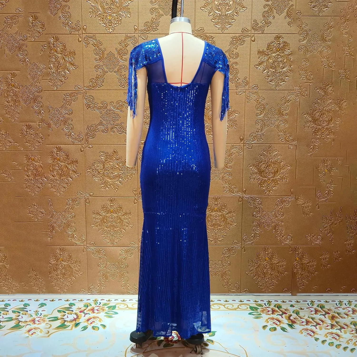 Cololura Sexy Sequin Tassel Mesh Perspective Party Cocktail Bodycon Evening Club Maxi Dress