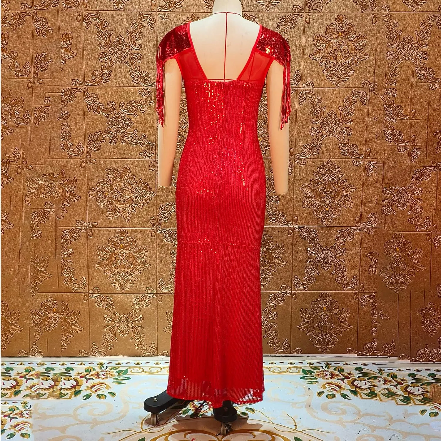 Cololura Sexy Sequin Tassel Mesh Perspective Party Cocktail Bodycon Evening Club Maxi Dress