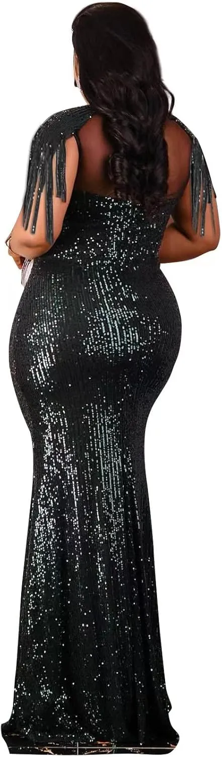 Cololura Sexy Sequin Tassel Mesh Perspective Party Cocktail Bodycon Evening Club Maxi Dress