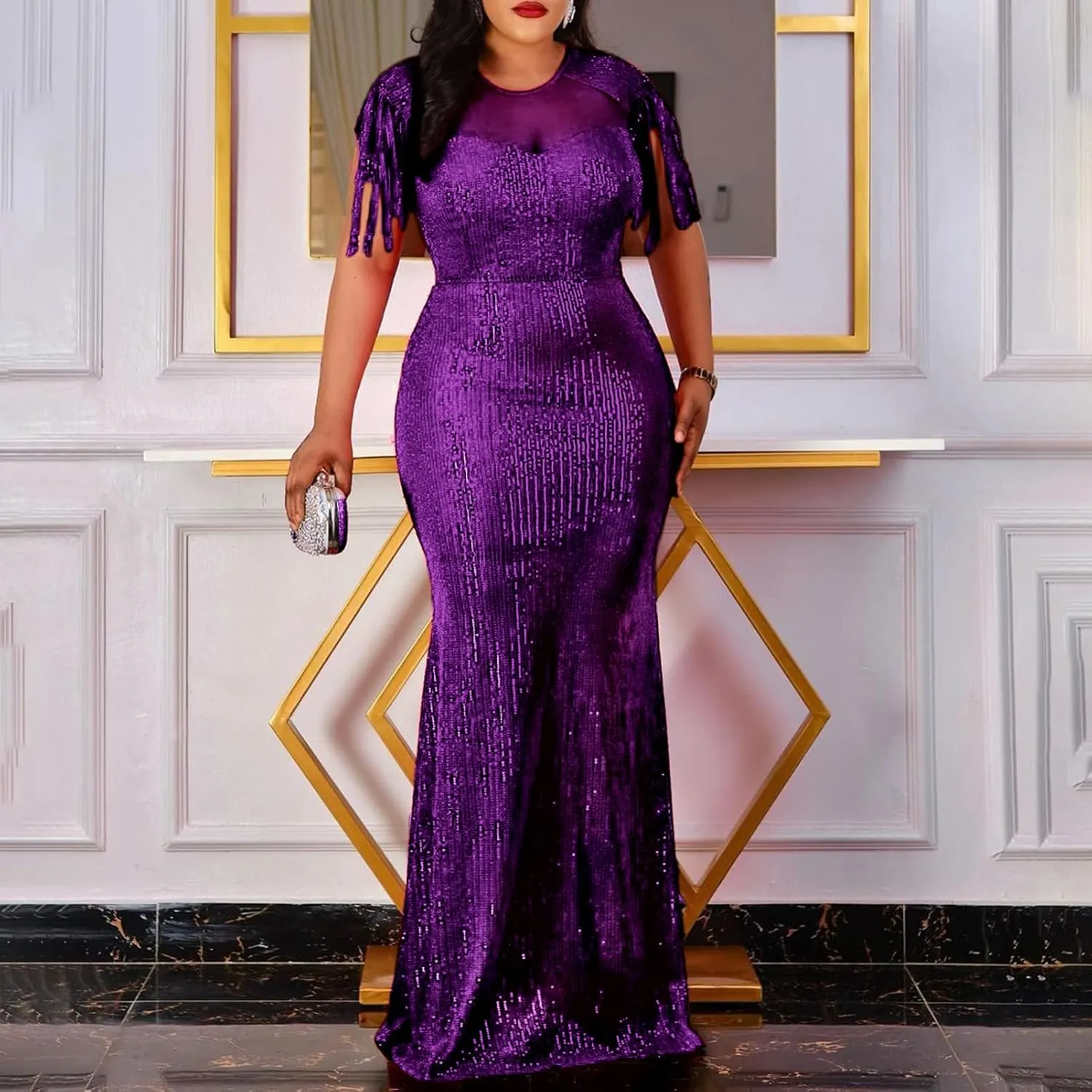 Cololura Sexy Sequin Tassel Mesh Perspective Party Cocktail Bodycon Evening Club Maxi Dress