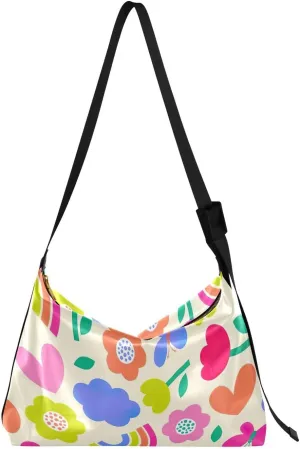 Colorful Cute Floral Rainbow Women PU Leather Hobo Bag Purse Large Crossbody Aesthetic Floral Print Hobo Handbags