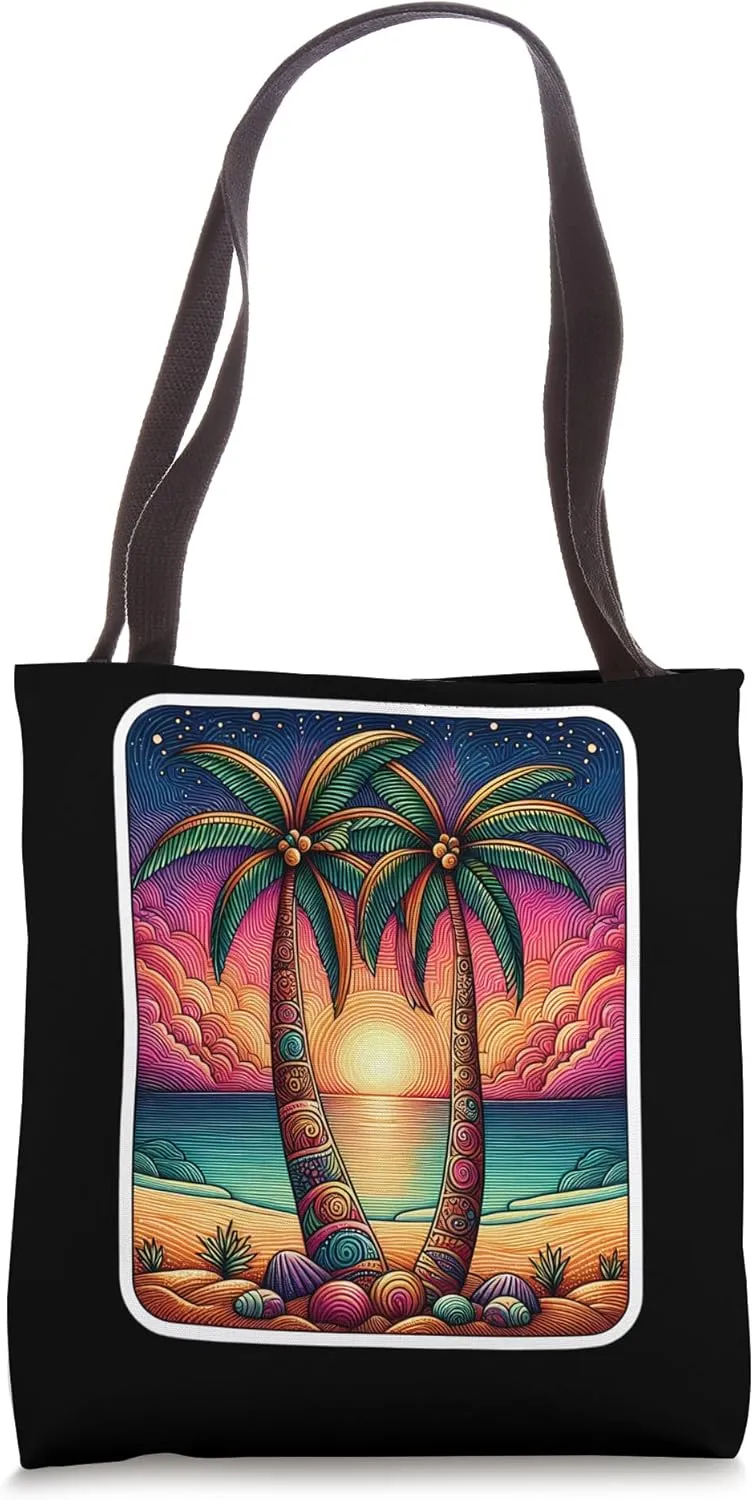Cool Summer Vacation Sunset Beach Palm Trees Men Women Art Tote Bag