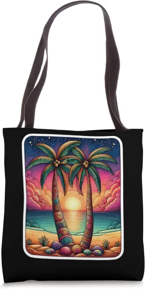 Cool Summer Vacation Sunset Beach Palm Trees Men Women Art Tote Bag