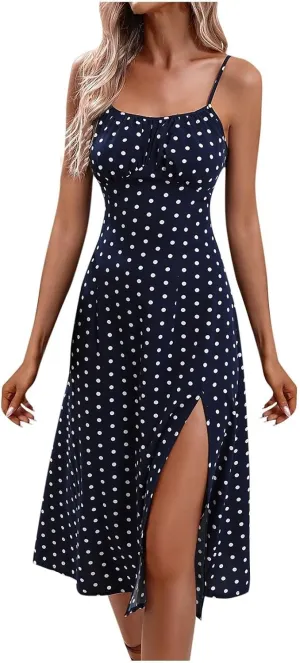 COTECRAM Women's 2025 Summer Vacation Casual Boho Sundresses Polka Dot Spaghetti Strap Split Beach Flowy Midi Dresses
