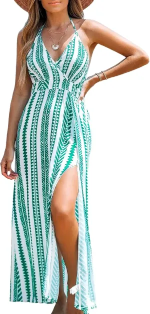 CUPSHE Women Halter Backless Summer Dresses Spaghetti Strap Side Slit Casual Beach Sundress Holiday Vacation Maxi Dress