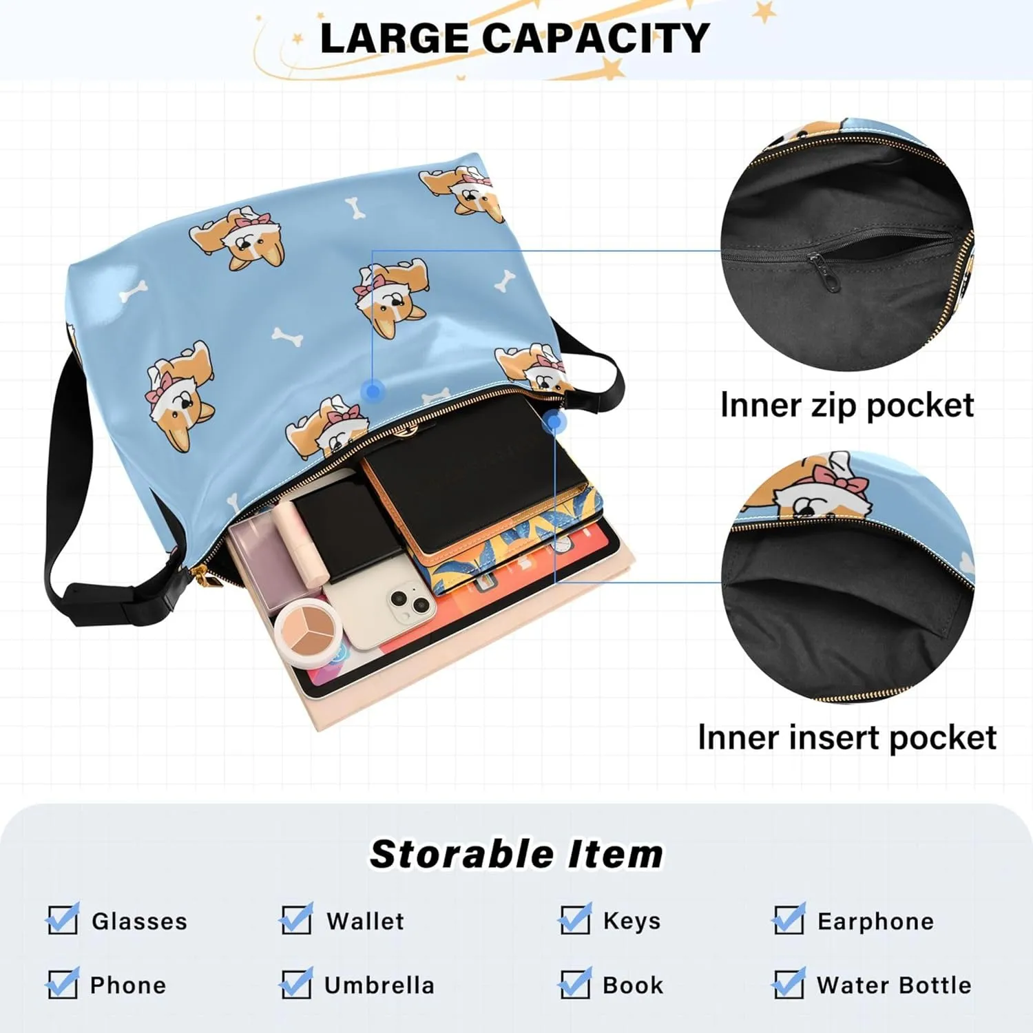 Cute Corgi Dog Ladies Leather Purses Hobo Large Crossbody Purse Graphic Animal Print Shoulder Handbag Purse