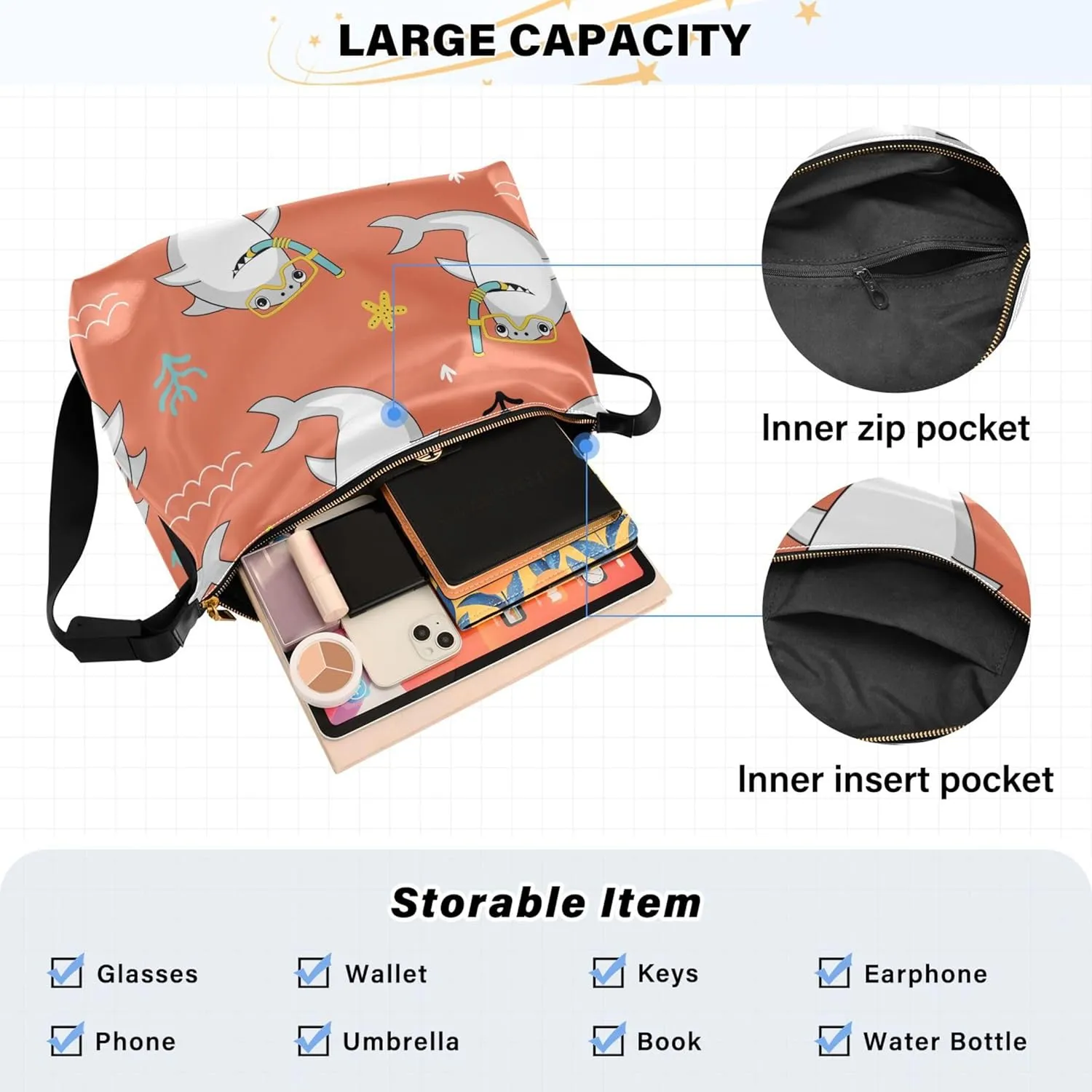Cute Great White Shark Soft Leather Handbags Hobo Women's Large Purse Design Animal Print Shoulder Purse Bag