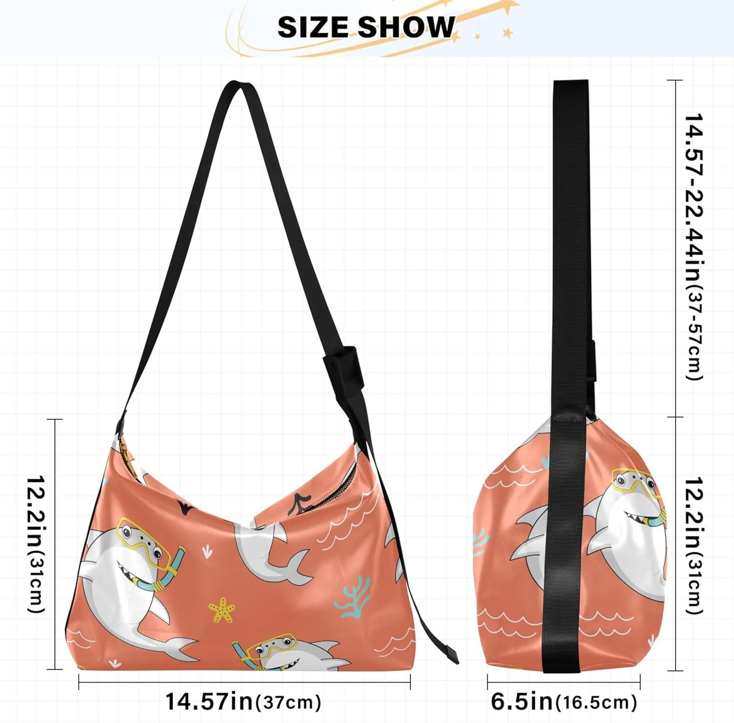 Cute Great White Shark Soft Leather Handbags Hobo Women's Large Purse Design Animal Print Shoulder Purse Bag