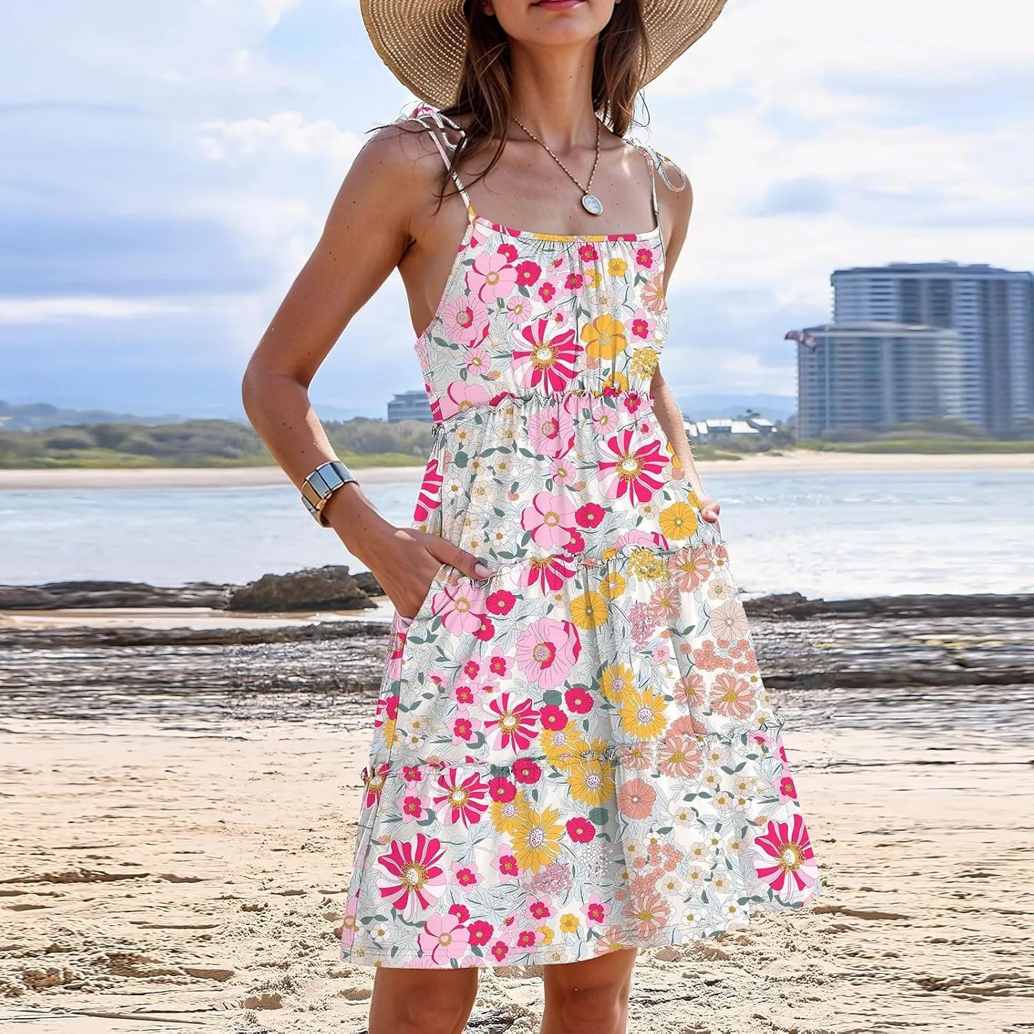 Cute Summer Dresses for Women 2025 Tiered A Line Floral Mini Dress Spaghetti Strap Boho Flowy Short Vacation Sundress