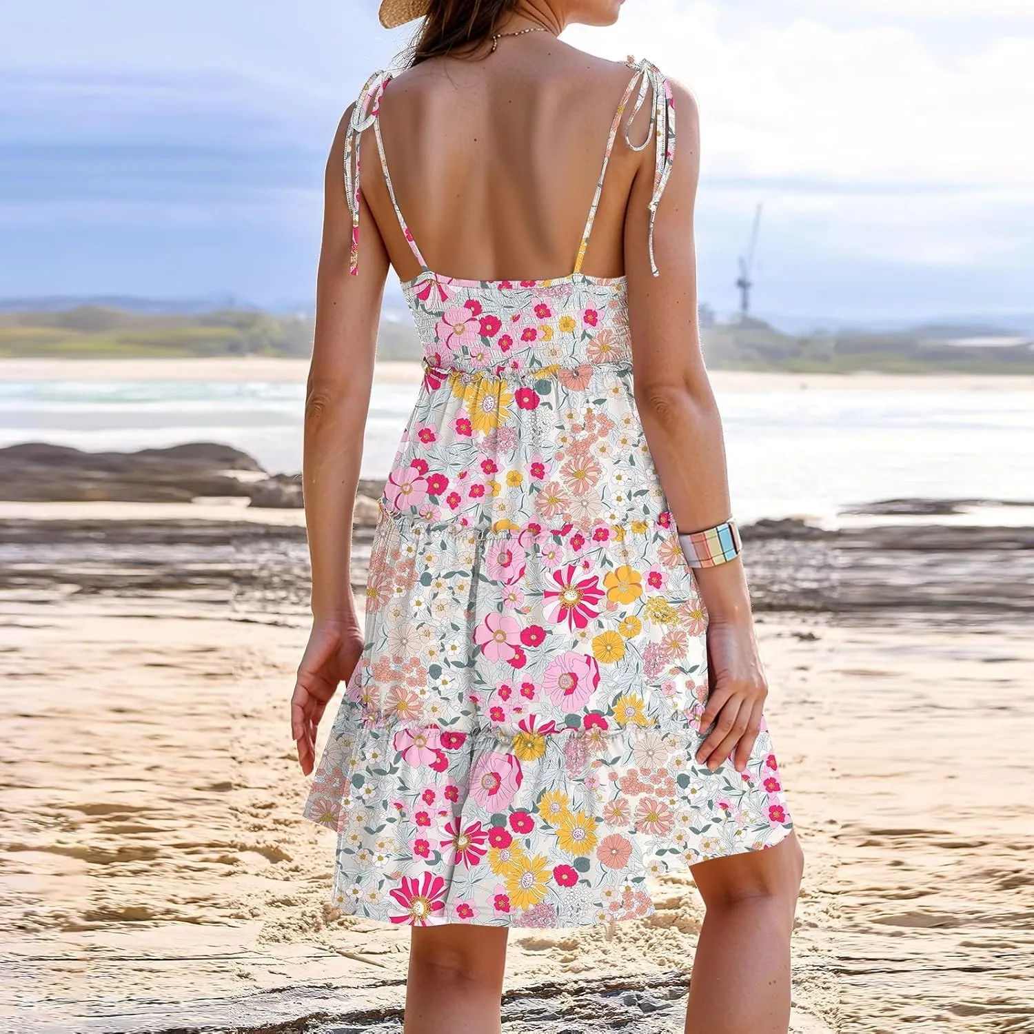 Cute Summer Dresses for Women 2025 Tiered A Line Floral Mini Dress Spaghetti Strap Boho Flowy Short Vacation Sundress