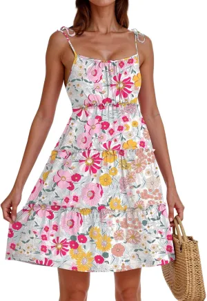 Cute Summer Dresses for Women 2025 Tiered A Line Floral Mini Dress Spaghetti Strap Boho Flowy Short Vacation Sundress