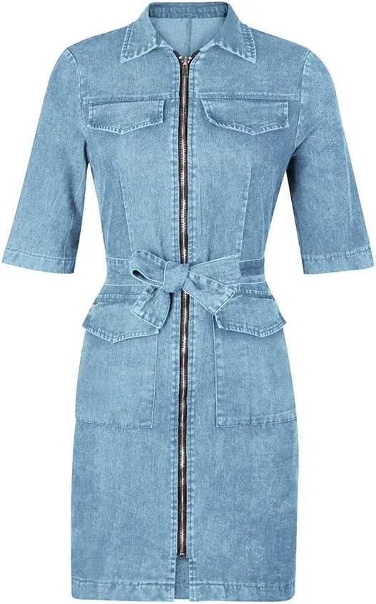 Denim Dress for Women Casual Denim Shirt Dress 2023 Short Sleeve Zip Up Tie Waist Jean Dresses Slim Fitted Casual Sexy