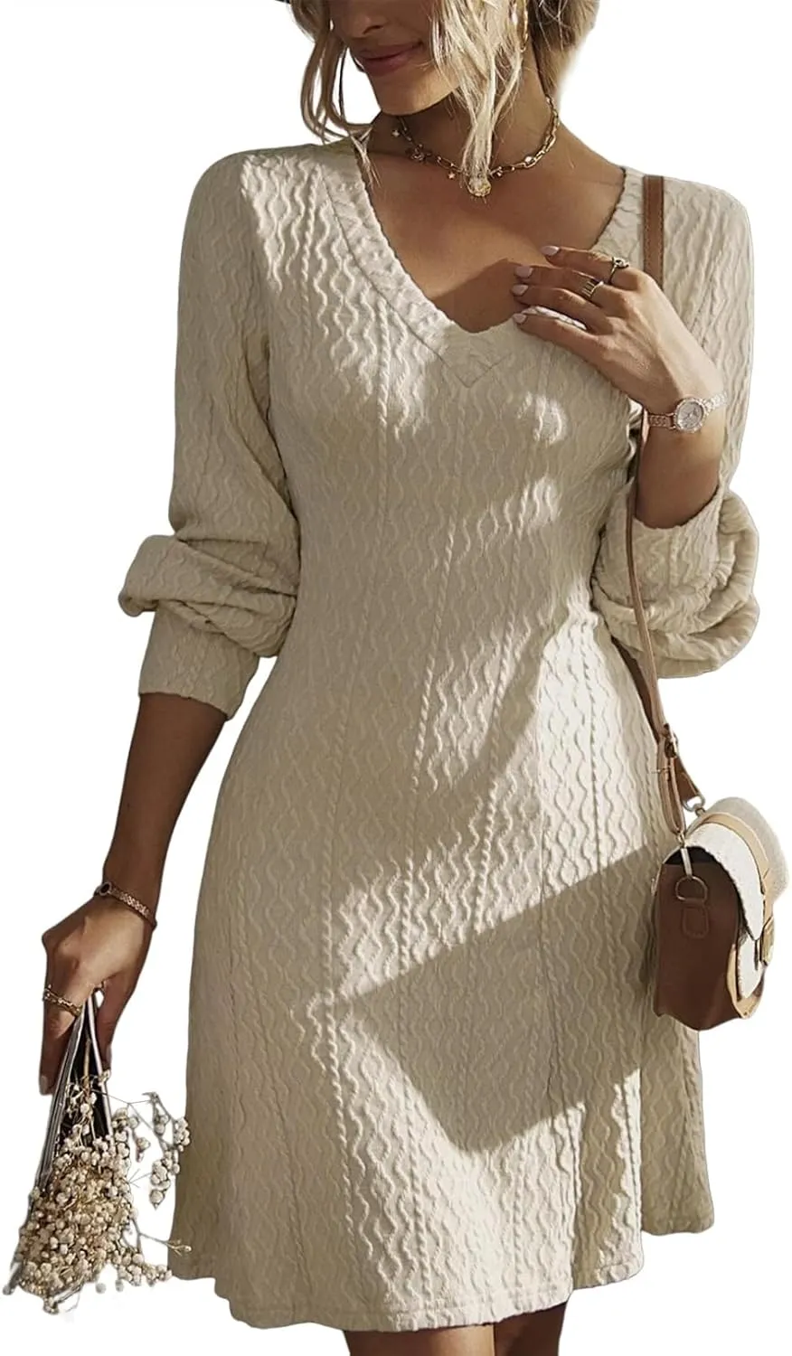 Dokotoo Dresses for Women 2025 Trendy Spring Dresses V Neck Knit A Line Long Sleeve Dress Sweater Dress