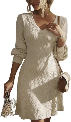 Dokotoo Dresses for Women 2025 Trendy Spring Dresses V Neck Knit A Line Long Sleeve Dress Sweater Dress