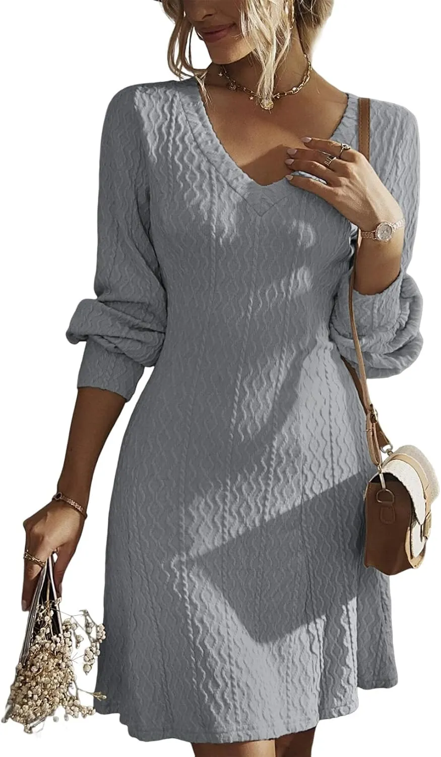 Dokotoo Dresses for Women 2025 Trendy Spring Dresses V Neck Knit A Line Long Sleeve Dress Sweater Dress