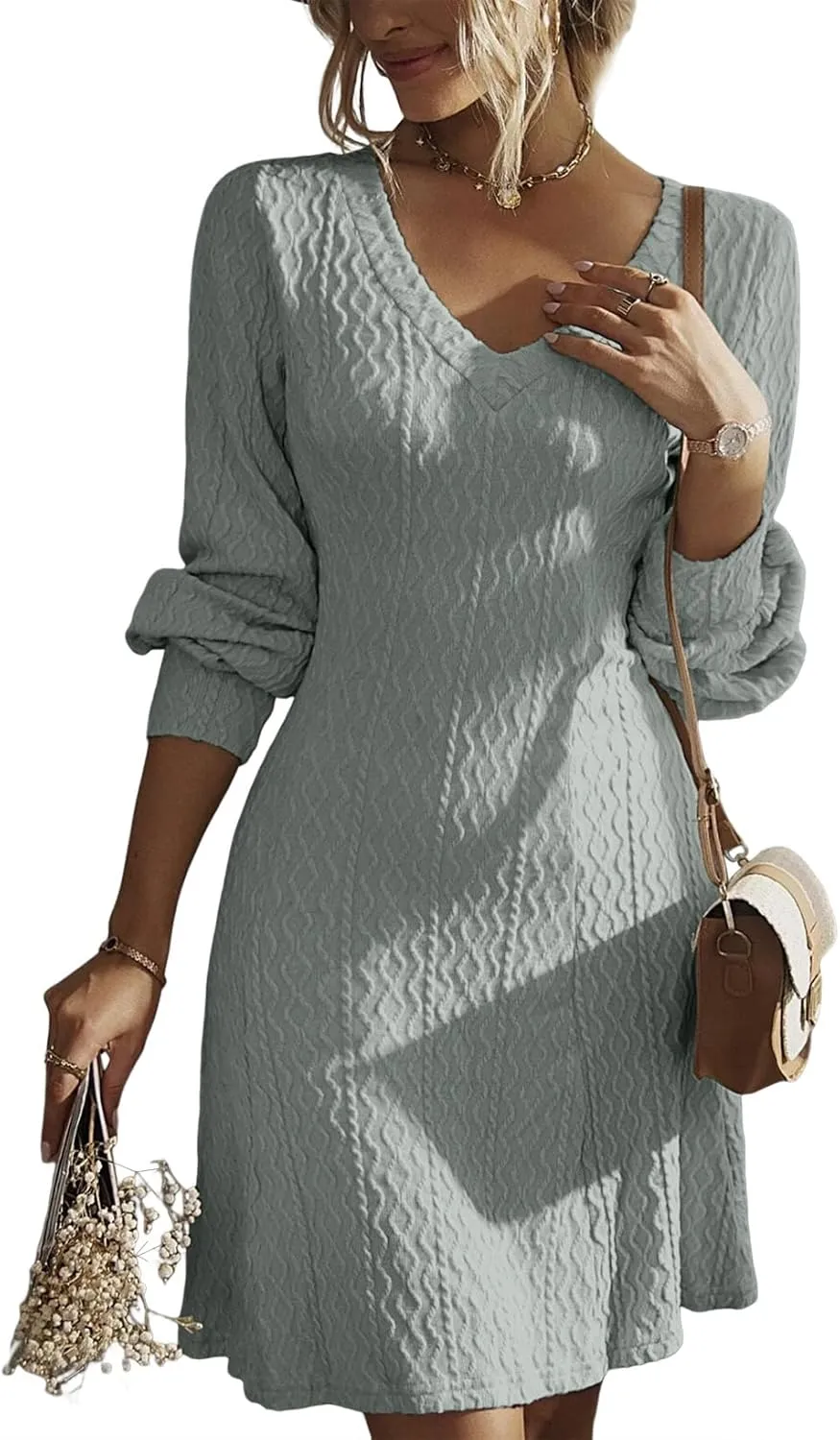 Dokotoo Dresses for Women 2025 Trendy Spring Dresses V Neck Knit A Line Long Sleeve Dress Sweater Dress