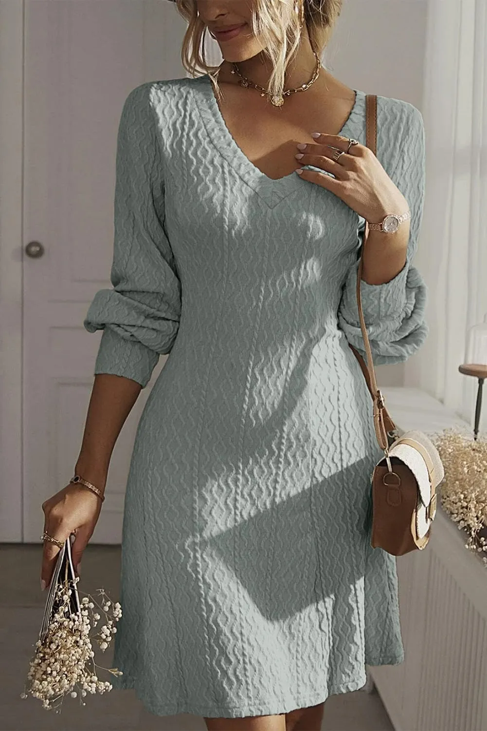 Dokotoo Dresses for Women 2025 Trendy Spring Dresses V Neck Knit A Line Long Sleeve Dress Sweater Dress