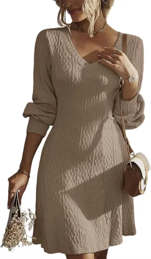 Dokotoo Dresses for Women 2025 Trendy Spring Dresses V Neck Knit A Line Long Sleeve Dress Sweater Dress