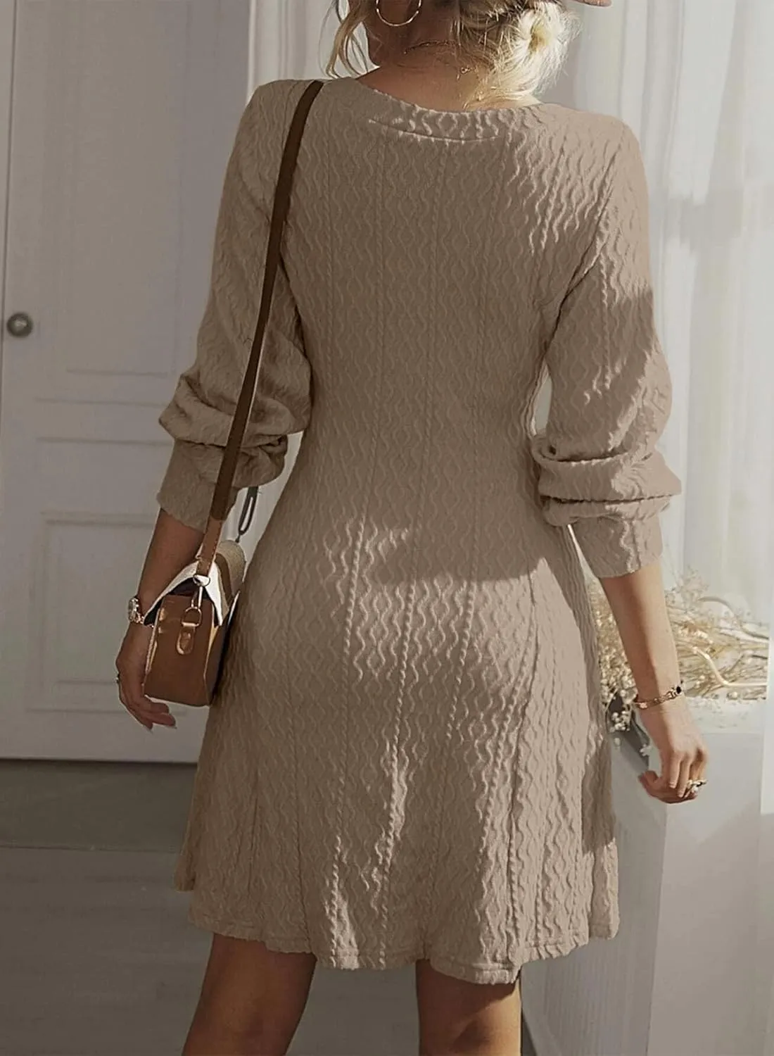 Dokotoo Dresses for Women 2025 Trendy Spring Dresses V Neck Knit A Line Long Sleeve Dress Sweater Dress