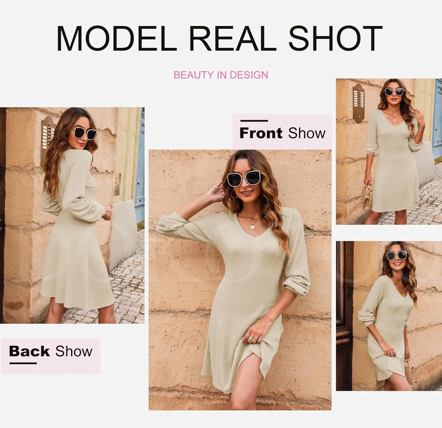 Dokotoo Dresses for Women 2025 Trendy Spring Dresses V Neck Knit A Line Long Sleeve Dress Sweater Dress