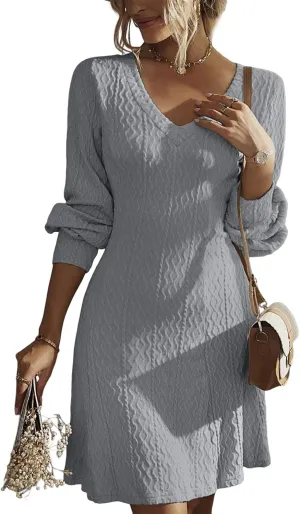 Dokotoo Dresses for Women 2025 Trendy Spring Dresses V Neck Knit A Line Long Sleeve Dress Sweater Dress