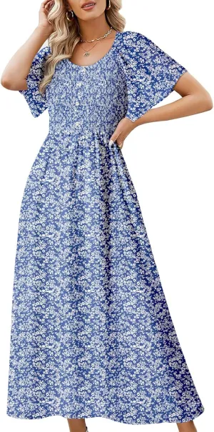 Dokotoo Womens Dresses 2025 Square Neck Tie Backless Summer Dresses Cap Sleeve Floral Buttoned Empire Waist Maxi Dress