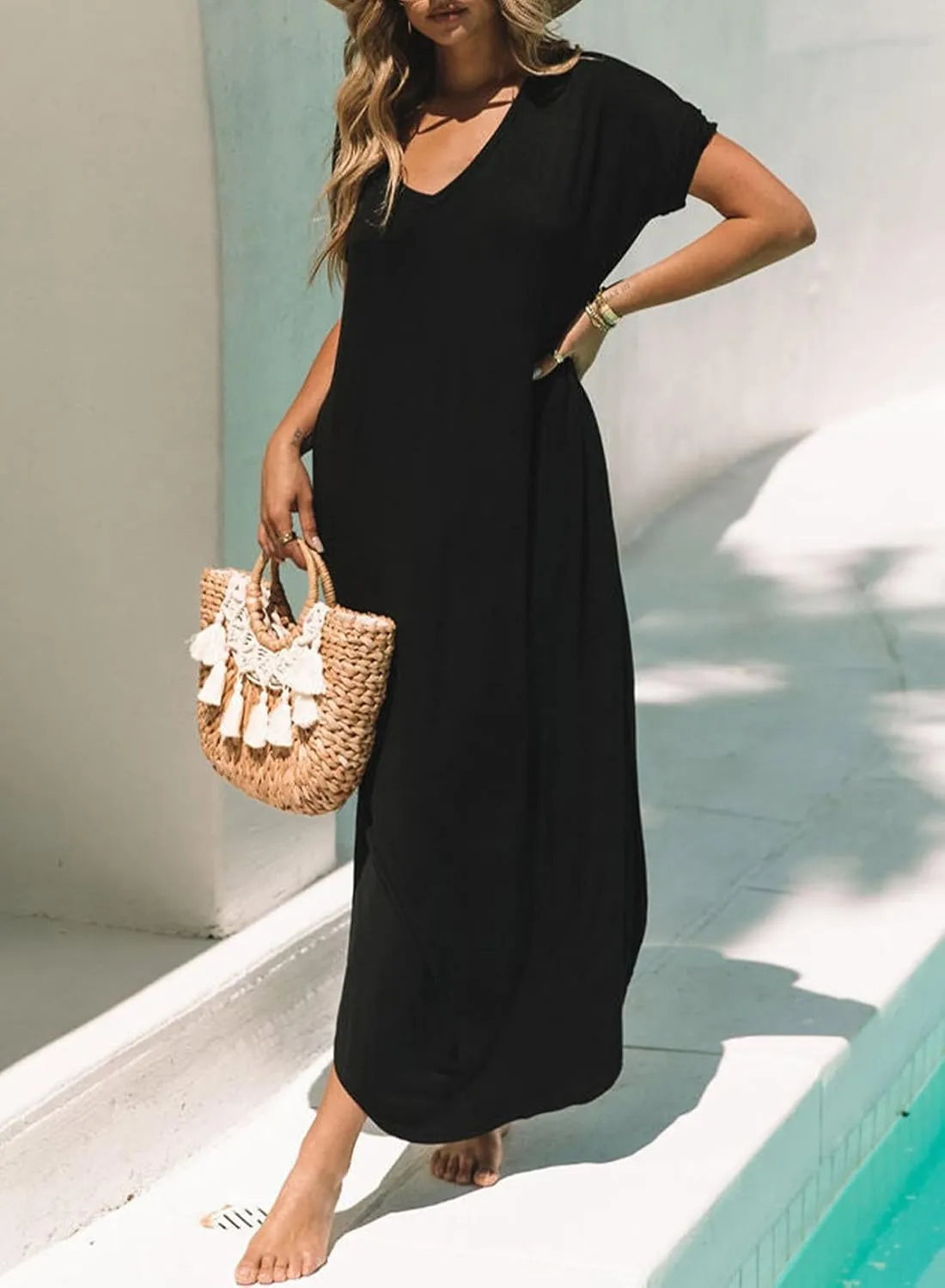 Dokotoo Womens Summer Dresses 2025 Short Sleeve Long T Shirt Dress Split Maxi Dress Beach Sundresses with Pockets