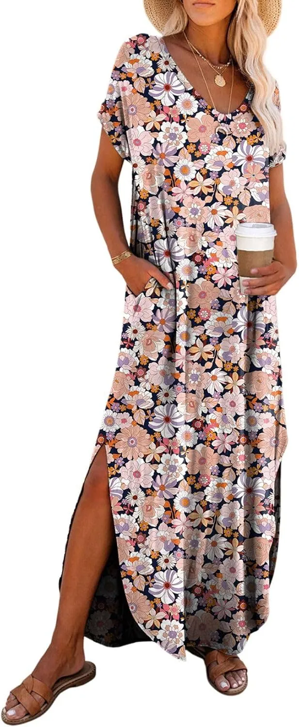 Dokotoo Womens Summer Dresses 2025 Short Sleeve Long T Shirt Dress Split Maxi Dress Beach Sundresses with Pockets