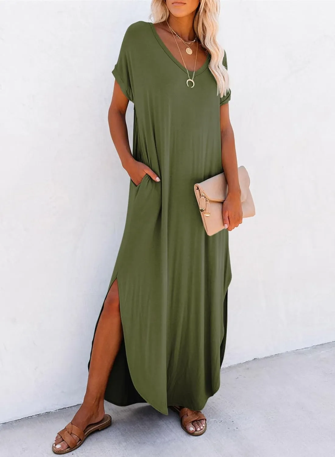Dokotoo Womens Summer Dresses 2025 Short Sleeve Long T Shirt Dress Split Maxi Dress Beach Sundresses with Pockets