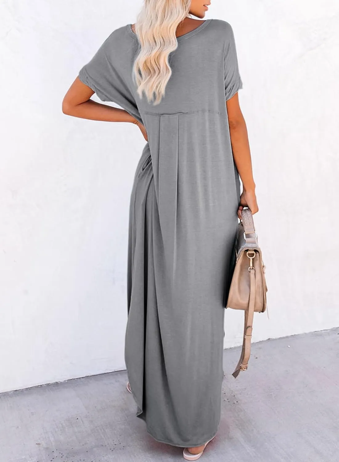 Dokotoo Womens Summer Dresses 2025 Short Sleeve Long T Shirt Dress Split Maxi Dress Beach Sundresses with Pockets