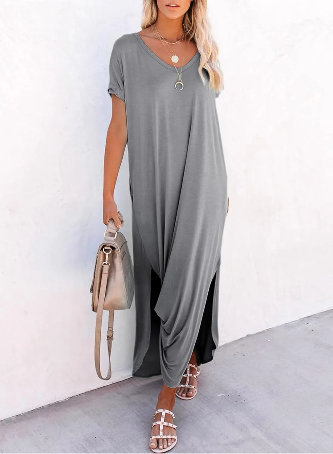 Dokotoo Womens Summer Dresses 2025 Short Sleeve Long T Shirt Dress Split Maxi Dress Beach Sundresses with Pockets