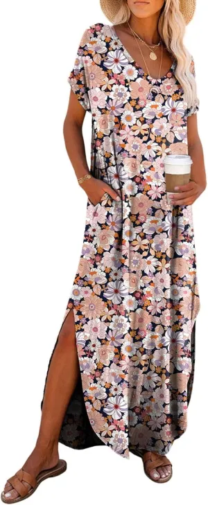 Dokotoo Womens Summer Dresses 2025 Short Sleeve Long T Shirt Dress Split Maxi Dress Beach Sundresses with Pockets