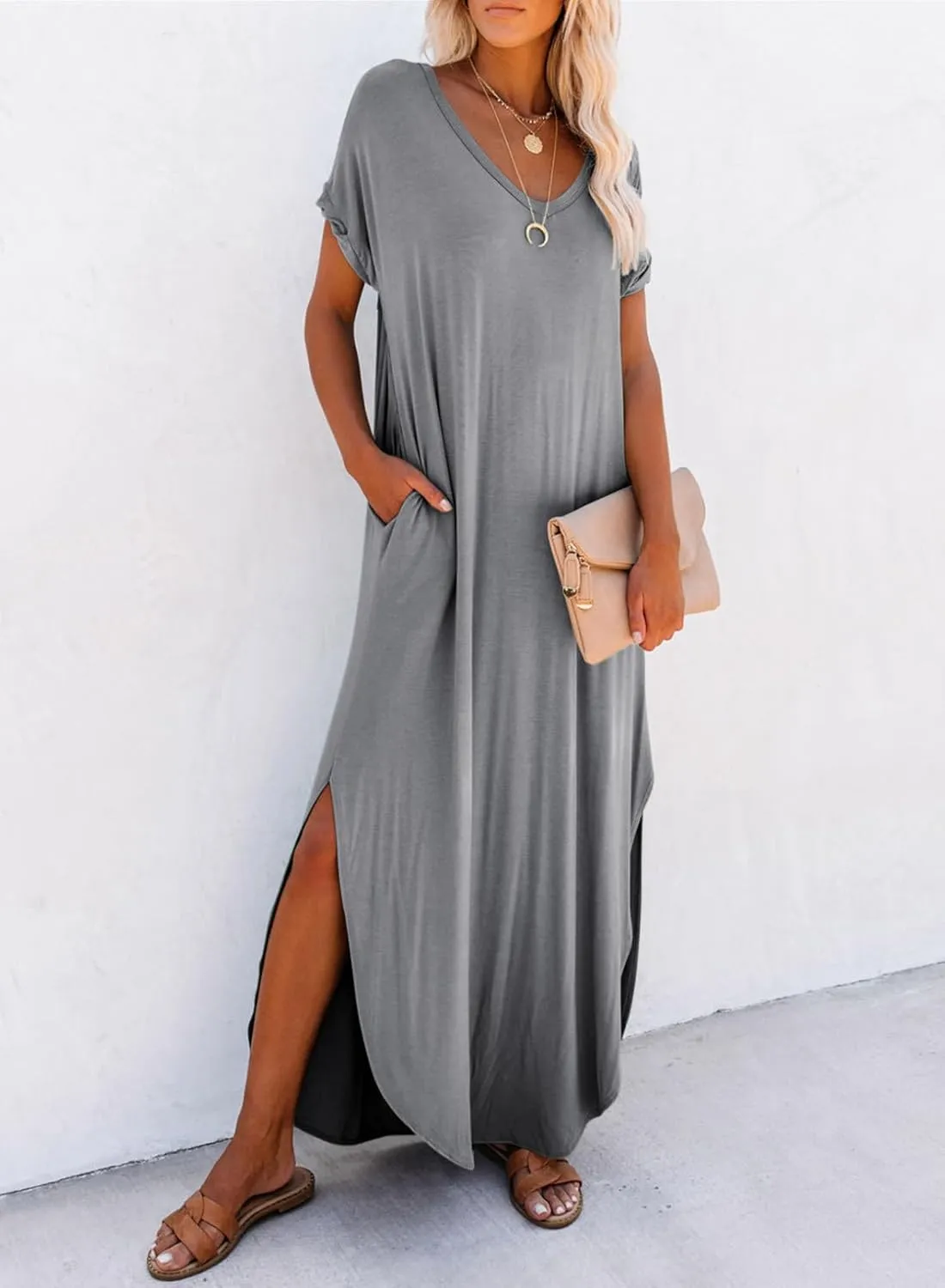 Dokotoo Womens Summer Dresses 2025 Short Sleeve Long T Shirt Dress Split Maxi Dress Beach Sundresses with Pockets