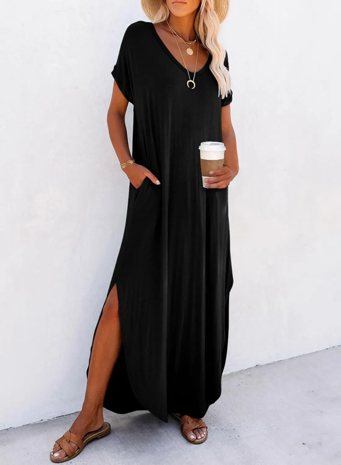 Dokotoo Womens Summer Dresses 2025 Short Sleeve Long T Shirt Dress Split Maxi Dress Beach Sundresses with Pockets