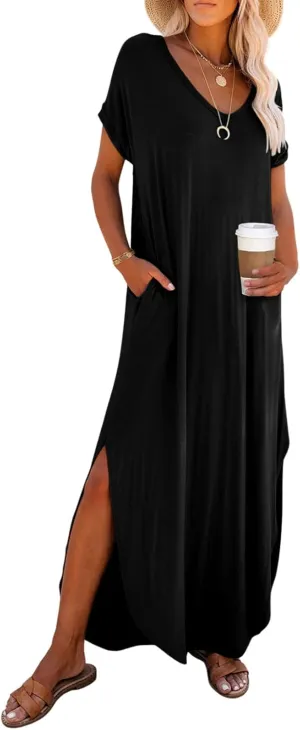 Dokotoo Womens Summer Dresses 2025 Short Sleeve Long T Shirt Dress Split Maxi Dress Beach Sundresses with Pockets