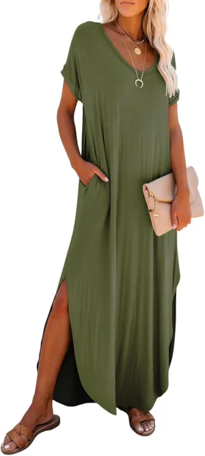 Dokotoo Womens Summer Dresses 2025 Short Sleeve Long T Shirt Dress Split Maxi Dress Beach Sundresses with Pockets