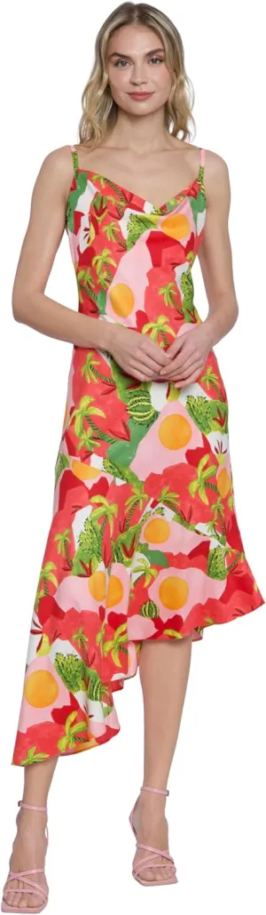 Donna Morgan Spaghetti Strap Neck Midi Asymmetrical Fit and Flare Skirt Womens Dresses