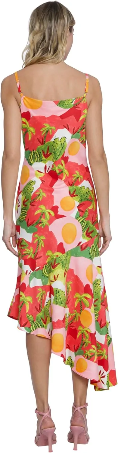 Donna Morgan Spaghetti Strap Neck Midi Asymmetrical Fit and Flare Skirt Womens Dresses