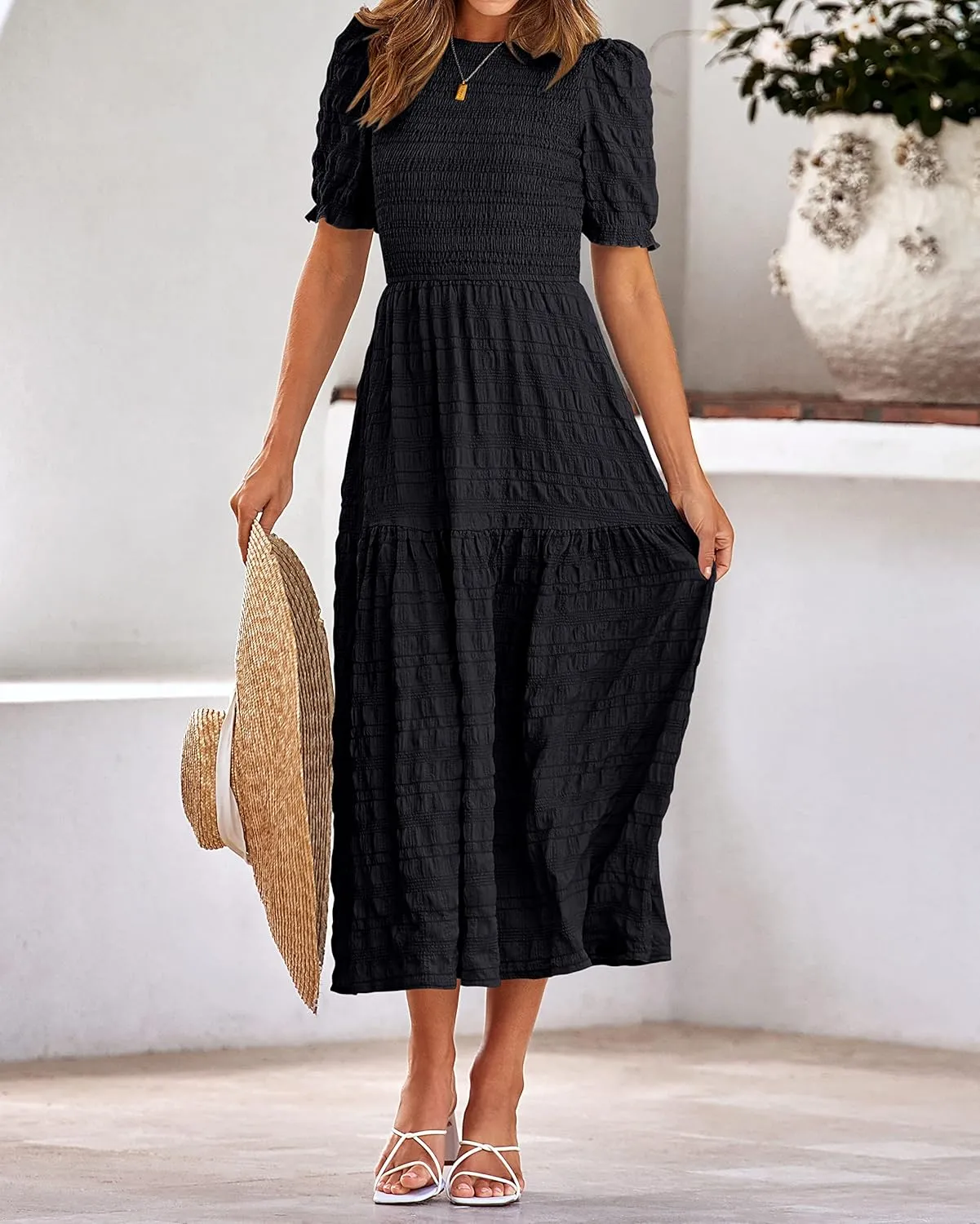 dowerme Womens Summer Dresses 2025 Casual Puff Short Sleeve Crewneck Smocked Flowy Ruffle Boho Beach Party Maxi Sundress