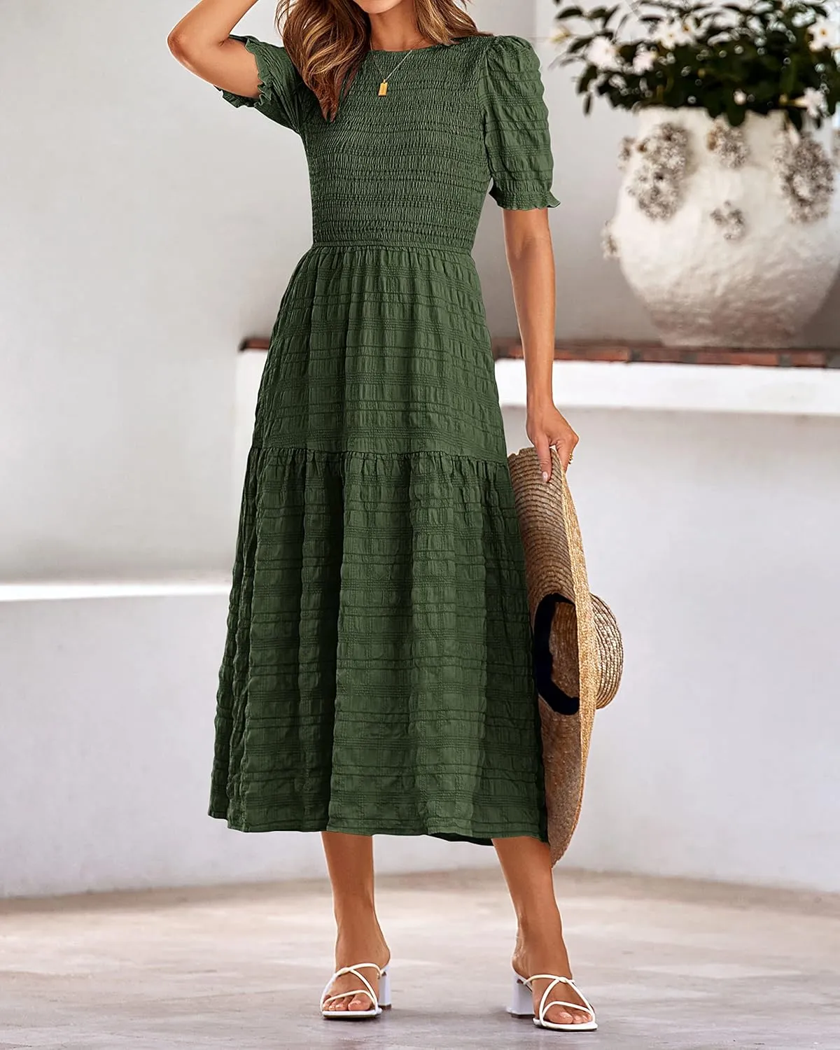 dowerme Womens Summer Dresses 2025 Casual Puff Short Sleeve Crewneck Smocked Flowy Ruffle Boho Beach Party Maxi Sundress