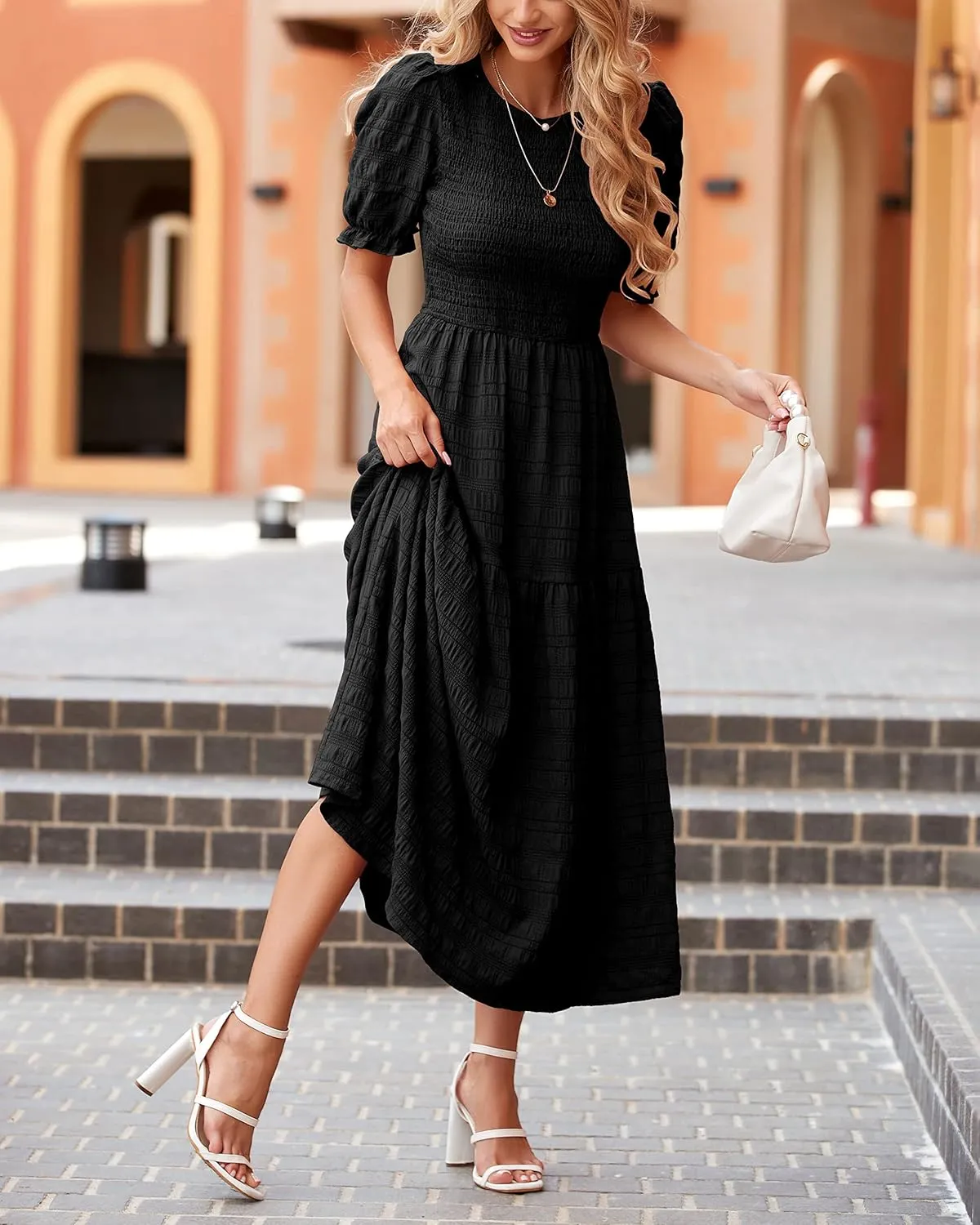 dowerme Womens Summer Dresses 2025 Casual Puff Short Sleeve Crewneck Smocked Flowy Ruffle Boho Beach Party Maxi Sundress
