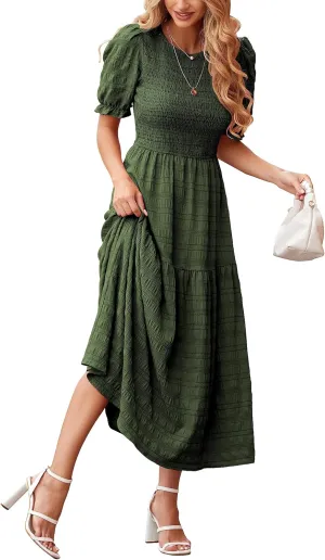 dowerme Womens Summer Dresses 2025 Casual Puff Short Sleeve Crewneck Smocked Flowy Ruffle Boho Beach Party Maxi Sundress