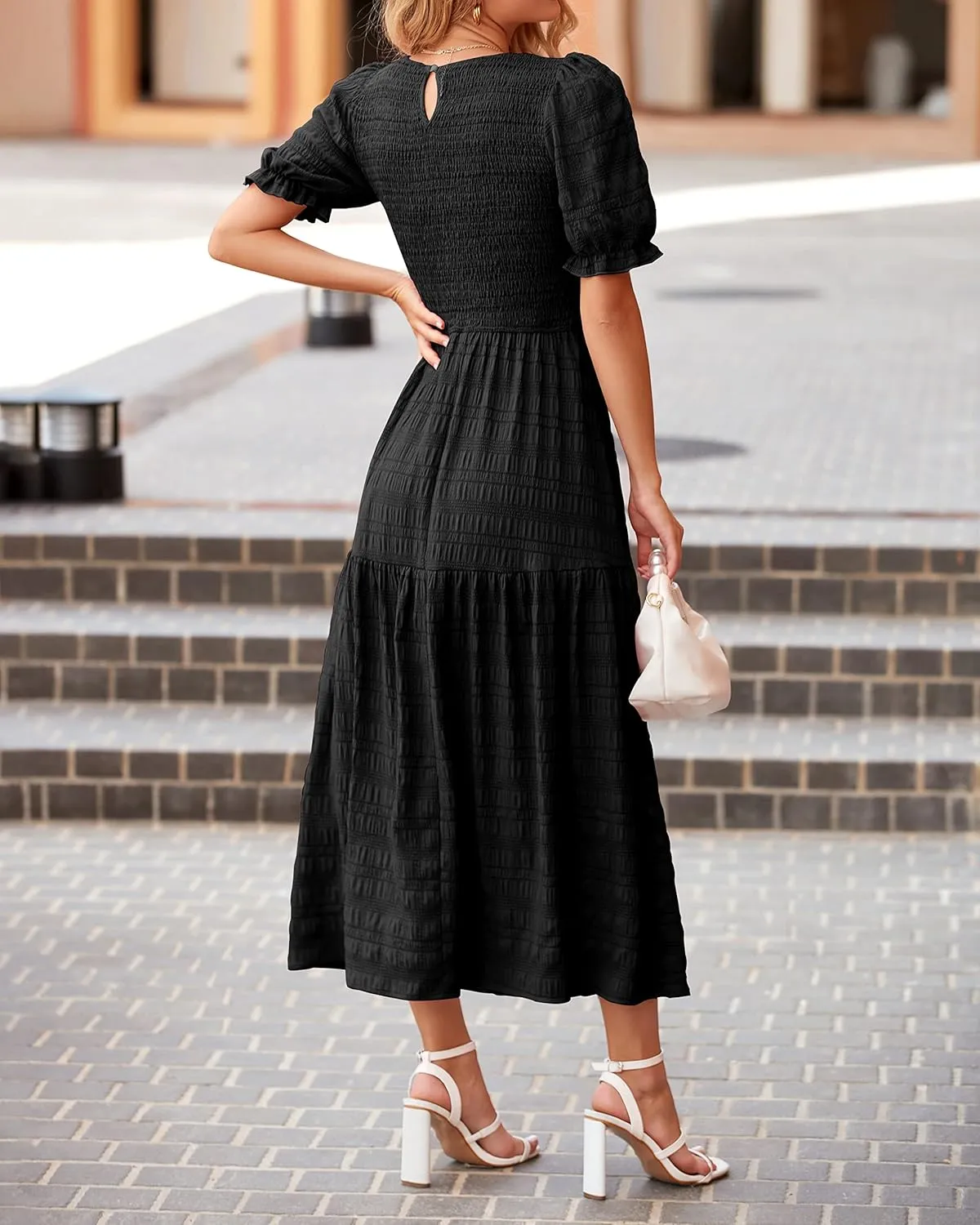 dowerme Womens Summer Dresses 2025 Casual Puff Short Sleeve Crewneck Smocked Flowy Ruffle Boho Beach Party Maxi Sundress