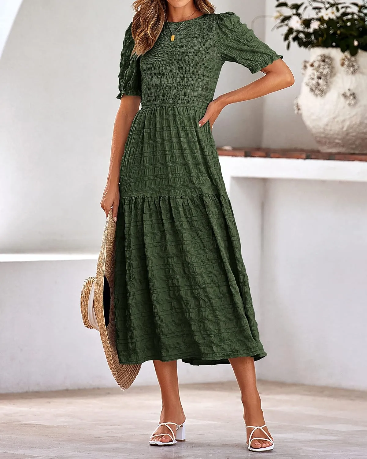 dowerme Womens Summer Dresses 2025 Casual Puff Short Sleeve Crewneck Smocked Flowy Ruffle Boho Beach Party Maxi Sundress