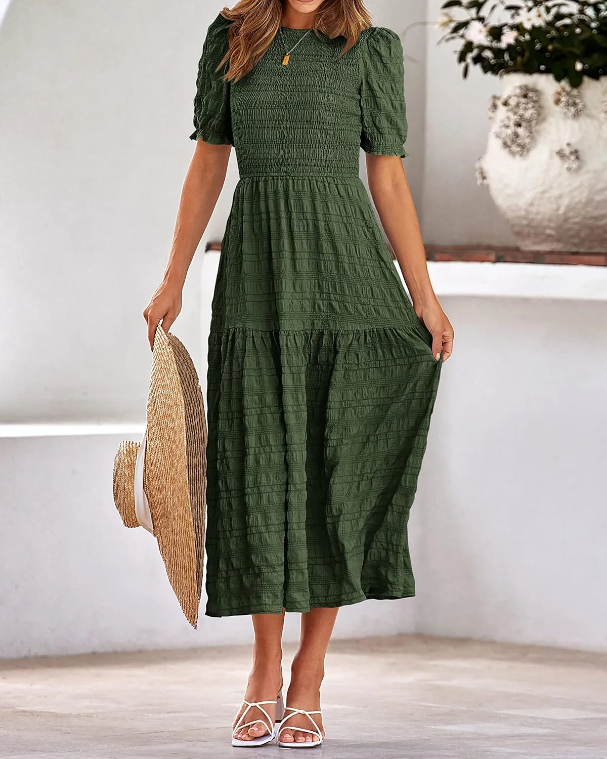 dowerme Womens Summer Dresses 2025 Casual Puff Short Sleeve Crewneck Smocked Flowy Ruffle Boho Beach Party Maxi Sundress