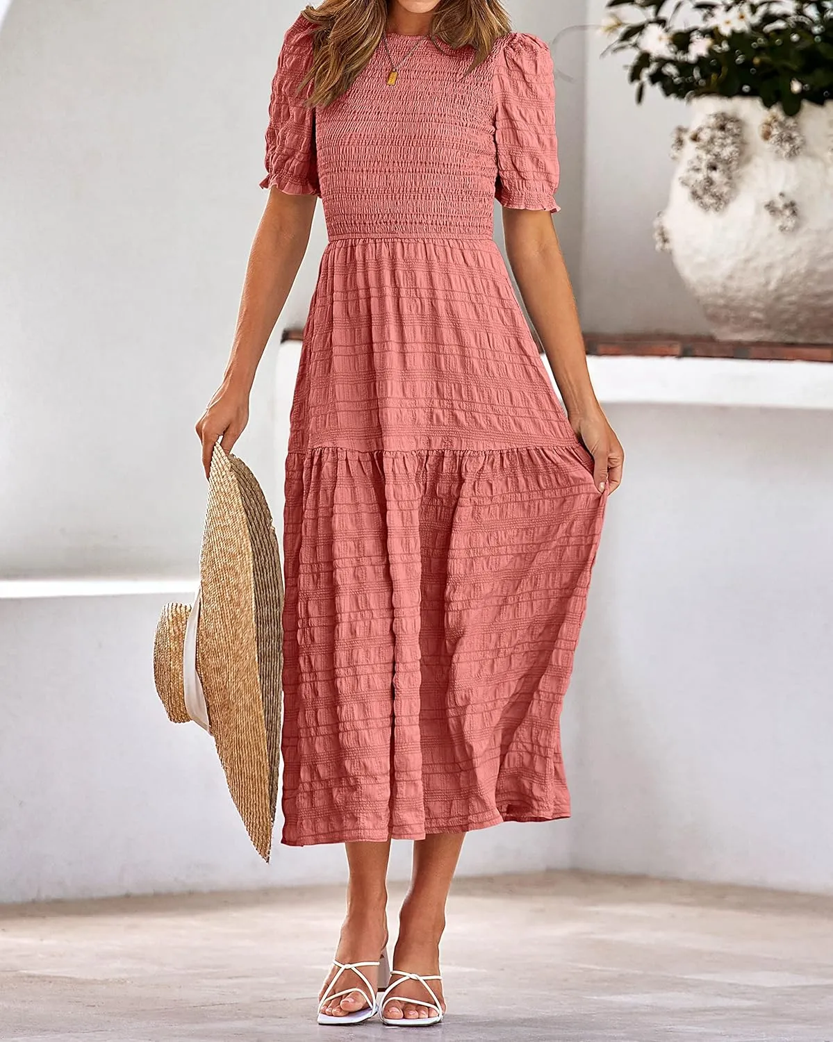 dowerme Womens Summer Dresses 2025 Casual Puff Short Sleeve Crewneck Smocked Flowy Ruffle Boho Beach Party Maxi Sundress
