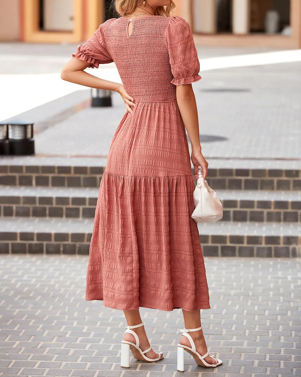 dowerme Womens Summer Dresses 2025 Casual Puff Short Sleeve Crewneck Smocked Flowy Ruffle Boho Beach Party Maxi Sundress
