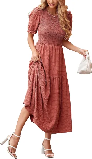 dowerme Womens Summer Dresses 2025 Casual Puff Short Sleeve Crewneck Smocked Flowy Ruffle Boho Beach Party Maxi Sundress