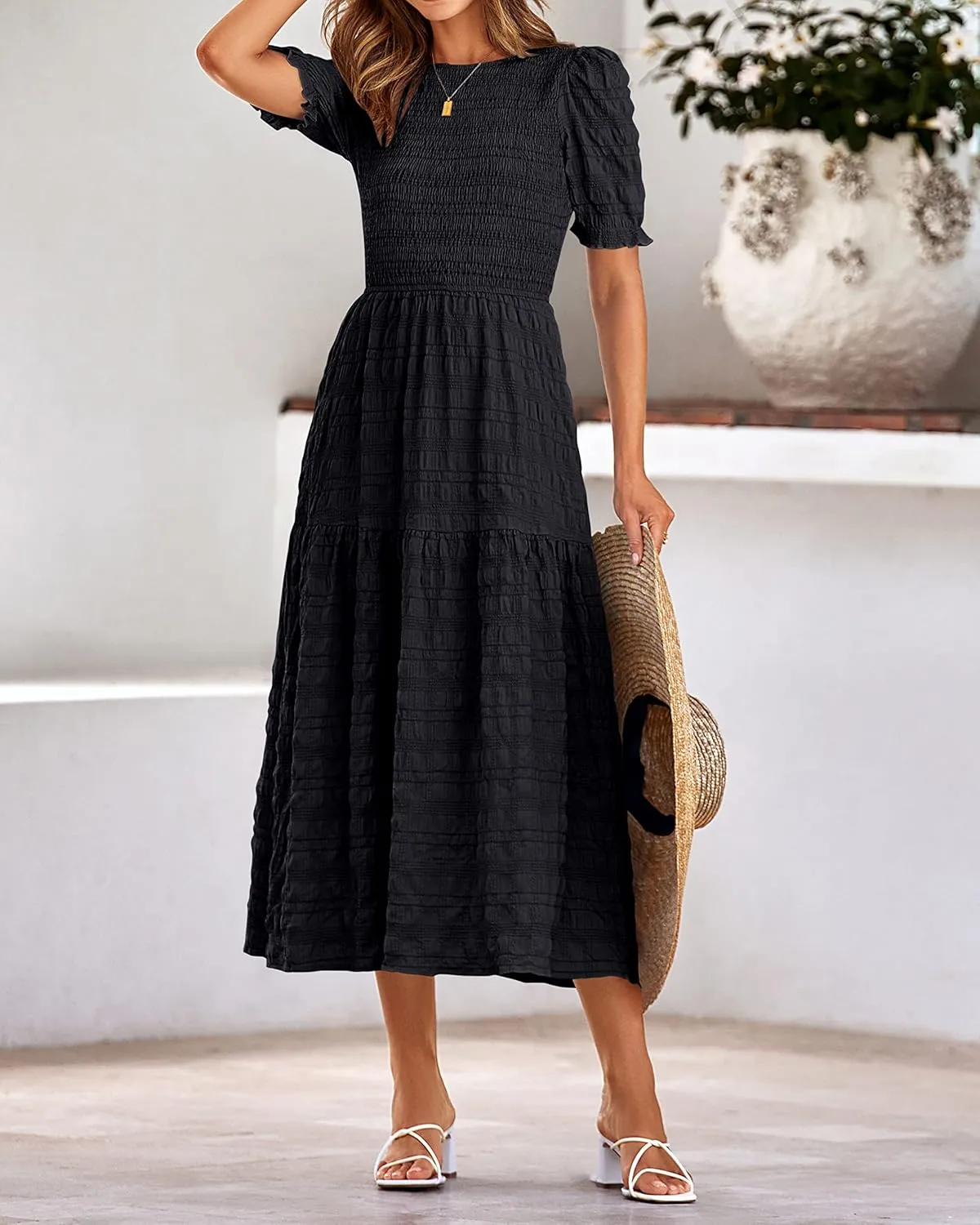 dowerme Womens Summer Dresses 2025 Casual Puff Short Sleeve Crewneck Smocked Flowy Ruffle Boho Beach Party Maxi Sundress