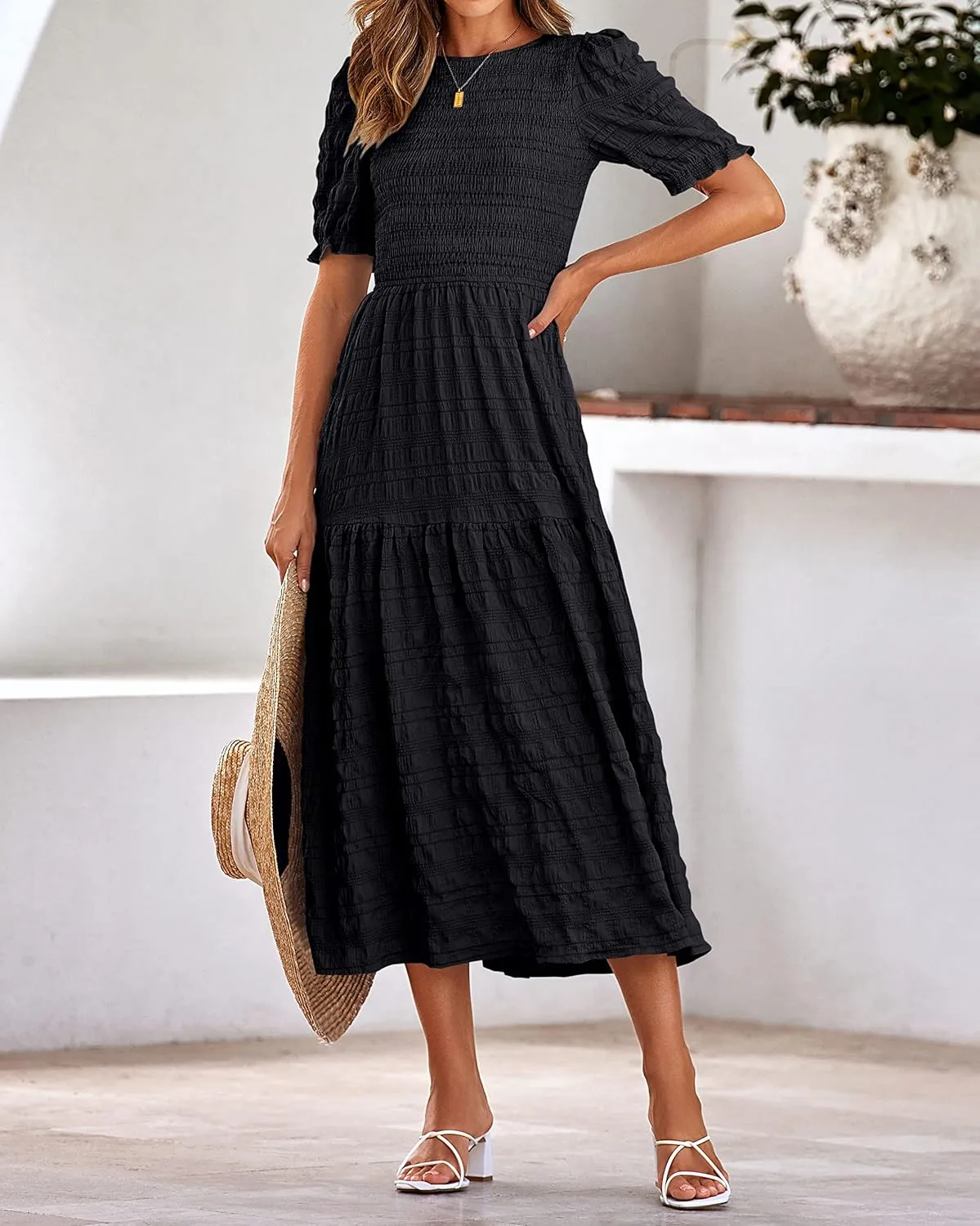 dowerme Womens Summer Dresses 2025 Casual Puff Short Sleeve Crewneck Smocked Flowy Ruffle Boho Beach Party Maxi Sundress